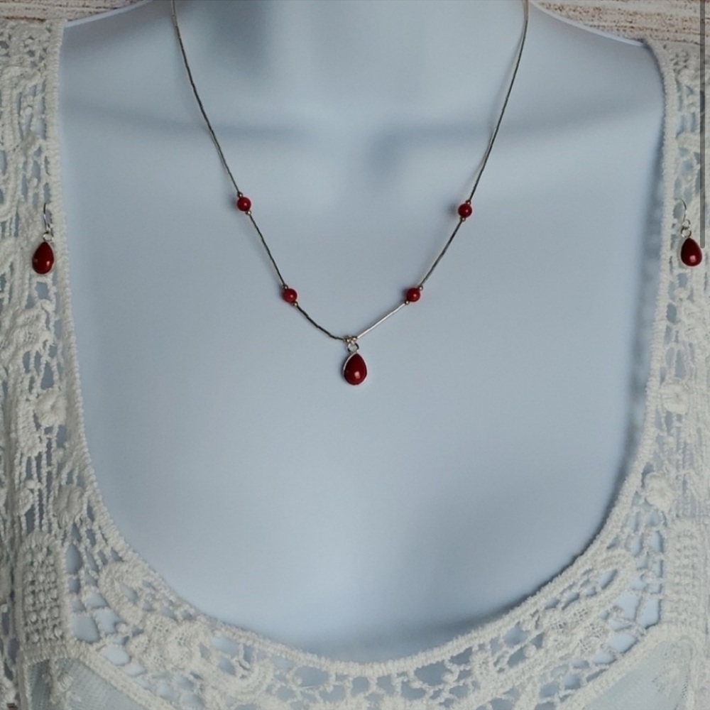Sterling Silver and Coral .925 Necklace and Earrings Set - Picture 2 of 16